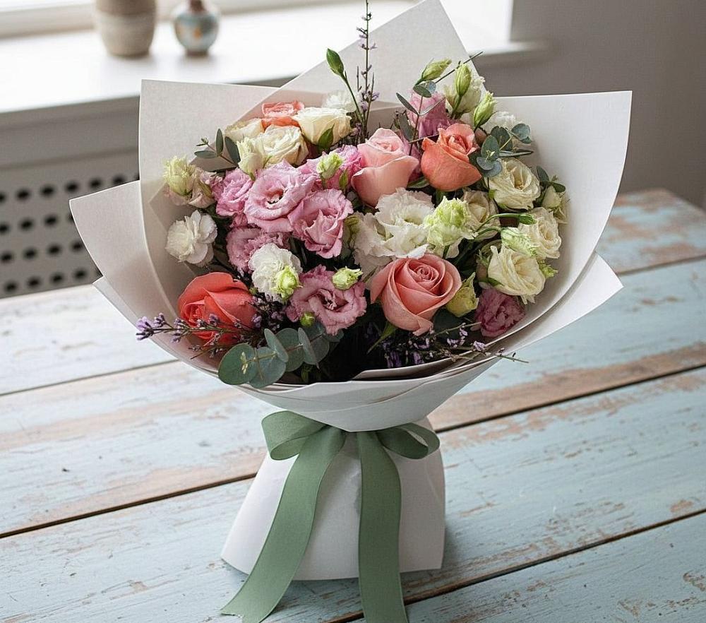 Букет цветов из: Розы, Лизиантусы и Гвоздики в Дзержинском