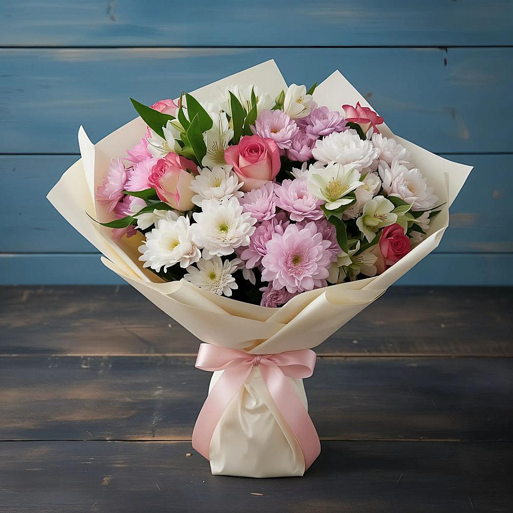 Букет цветов из: Хризантемы, Альстромерии и Розы в Дзержинском